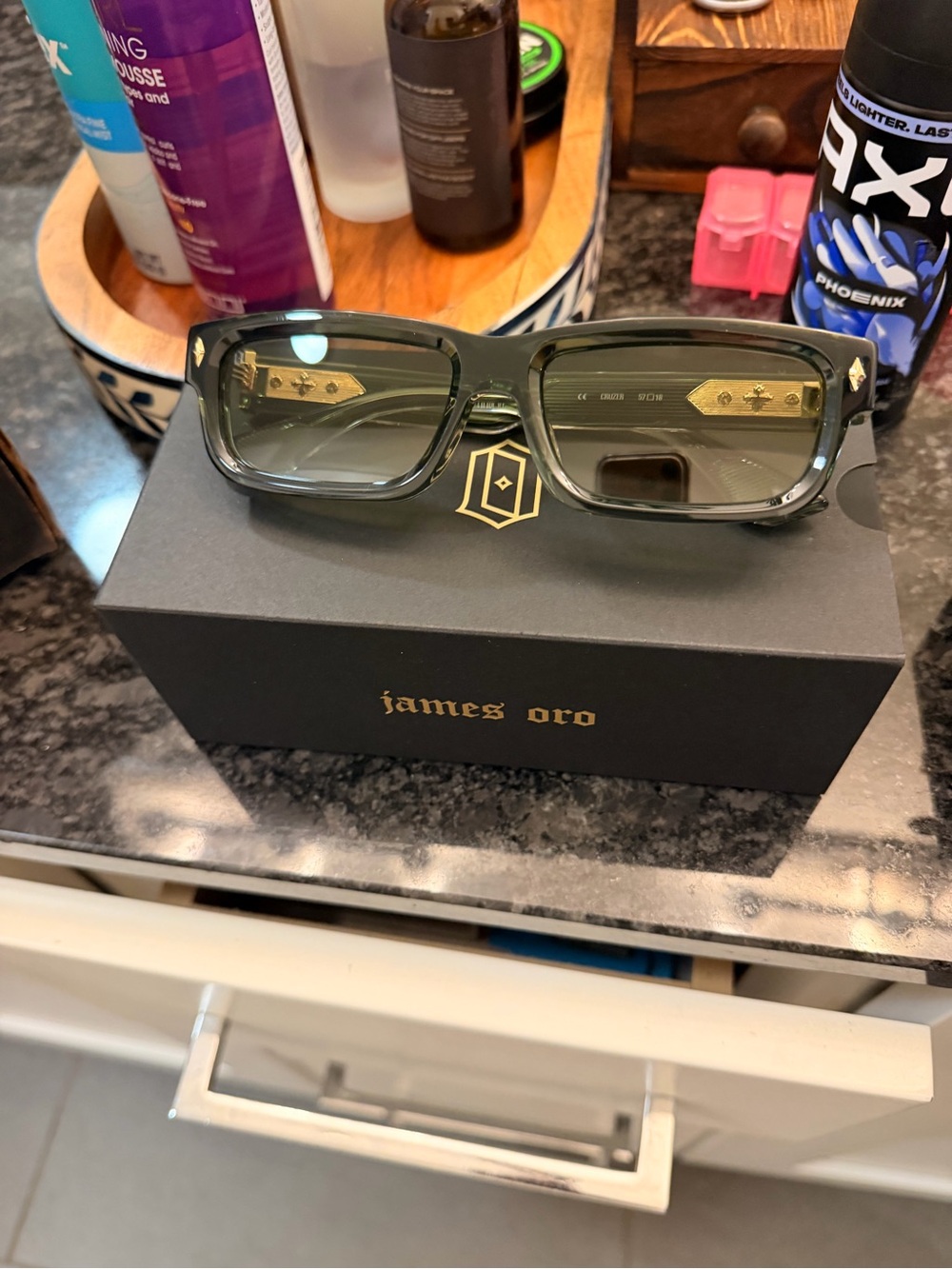 James Oro Men's Rectangular Sunglasses in Olive Green with Gold Accents